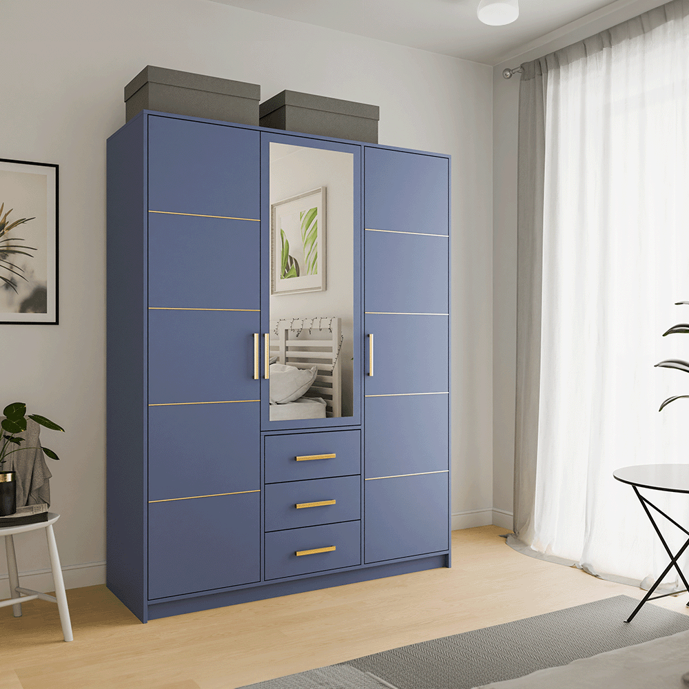 Blue Mirrored Hinged Door Wardrobe 149cm – HAMPTON D3