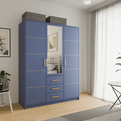 Blue Mirrored Hinged Door Wardrobe 149cm – HAMPTON D3