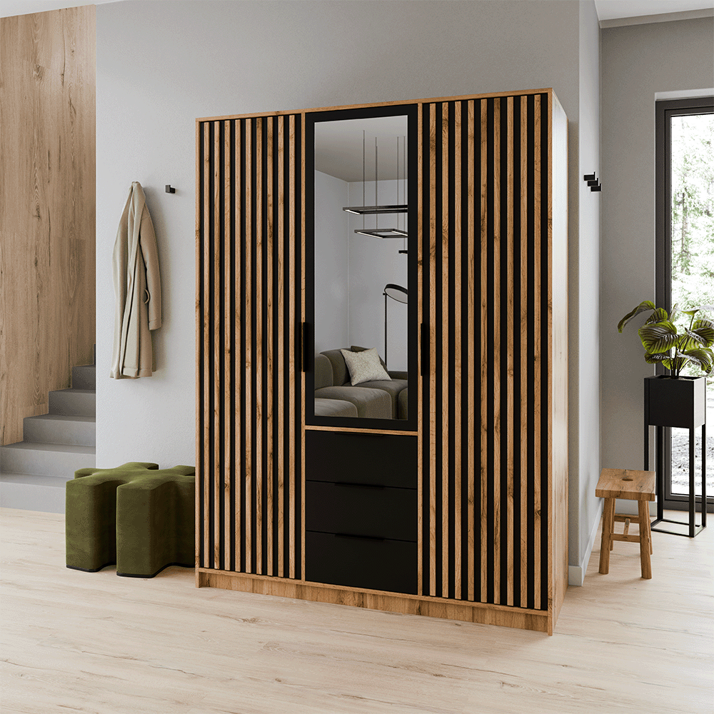 Oak Wotan Mirrored Hinged Door Wardrobe 149cm – HAMPTON LUX D3