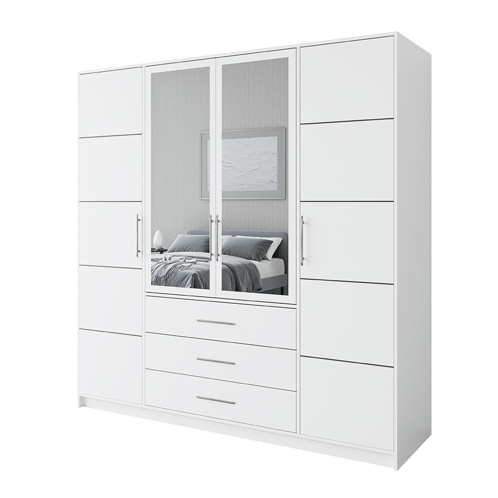 White Mirrored Hinged Door Wardrobe 196cm – HAMPTON D4