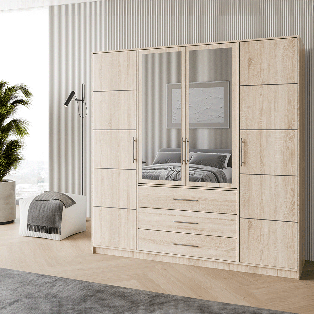 Oak Sonoma Mirrored Hinged Door Wardrobe 196cm – HAMPTON D4