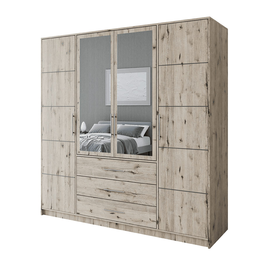 Oak Wellington Mirrored Hinged Door Wardrobe 196cm – HAMPTON D4