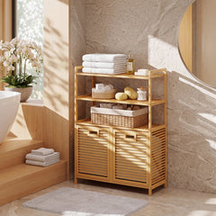 Bamboo Double Tilt Out Laundry Hamper with 3 ShelvesFreestanding Storage Cabinet-Natural