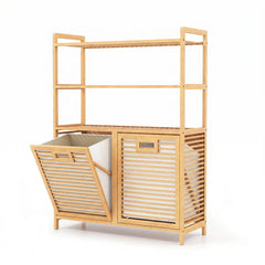 Bamboo Double Tilt Out Laundry Hamper with 3 ShelvesFreestanding Storage Cabinet-Natural