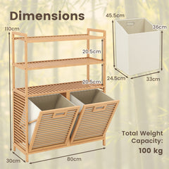 Bamboo Double Tilt Out Laundry Hamper with 3 ShelvesFreestanding Storage Cabinet-Natural