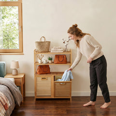 Bamboo Double Tilt Out Laundry Hamper with 3 ShelvesFreestanding Storage Cabinet-Natural