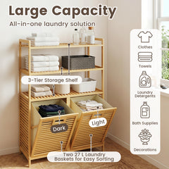Bamboo Double Tilt Out Laundry Hamper with 3 ShelvesFreestanding Storage Cabinet-Natural