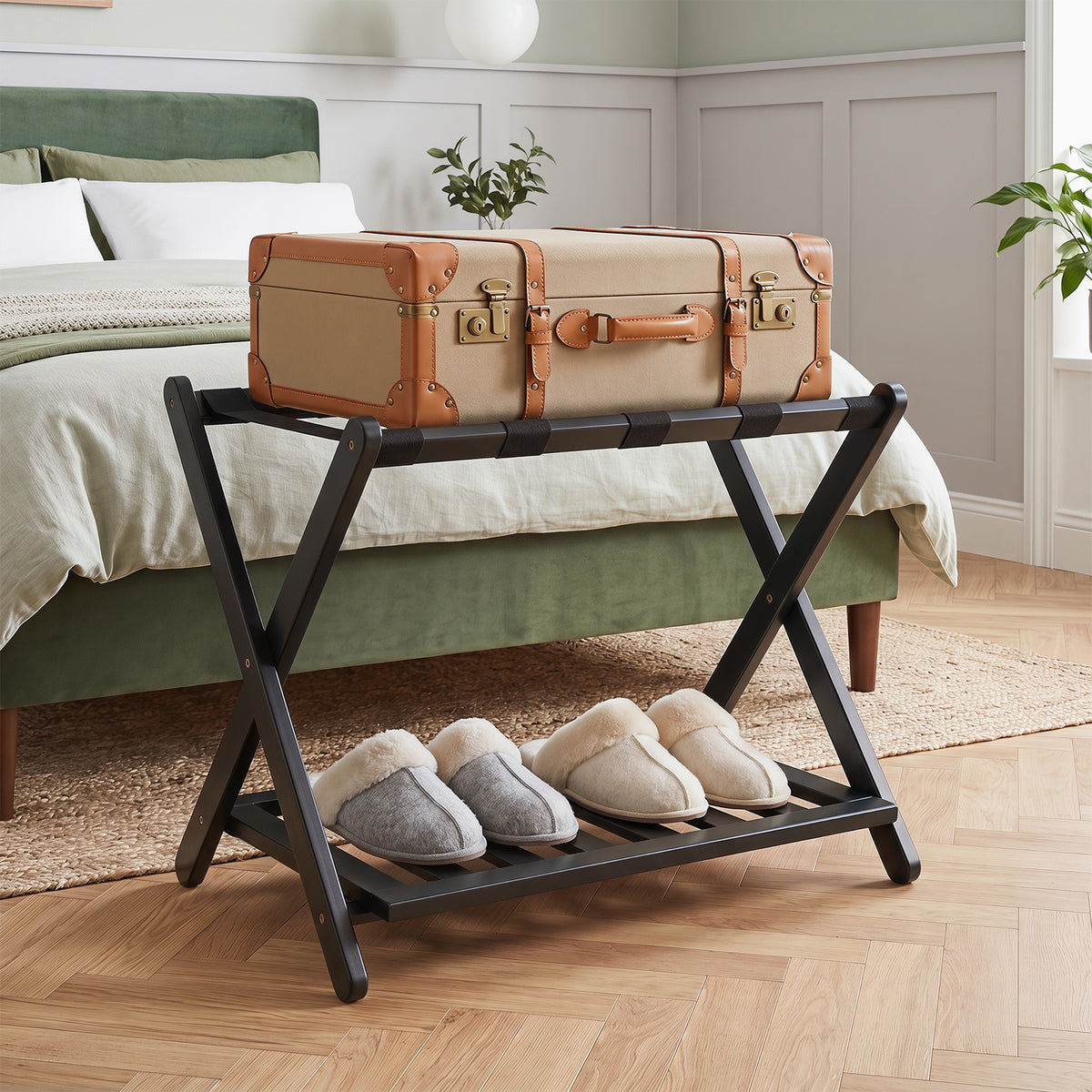 Bamboo Folding Luggage Rack with Straps and Storage Shelves for Guest Room-Black