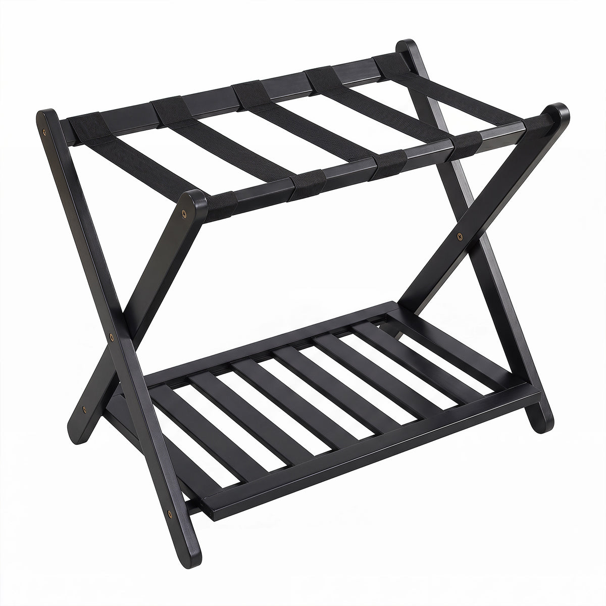 Bamboo Folding Luggage Rack with Straps and Storage Shelves for Guest Room-Black