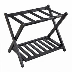 Bamboo Folding Luggage Rack with Straps and Storage Shelves for Guest Room-Black