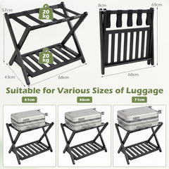 Bamboo Folding Luggage Rack with Straps and Storage Shelves for Guest Room-Black