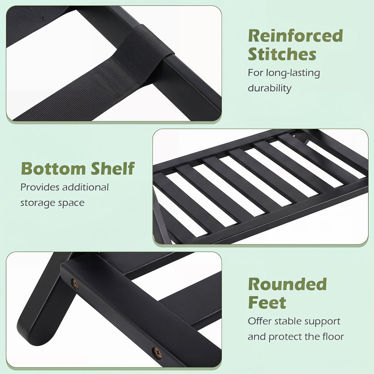 Bamboo Folding Luggage Rack with Straps and Storage Shelves for Guest Room-Black