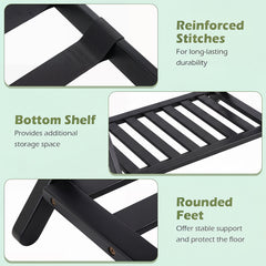 Bamboo Folding Luggage Rack with Straps and Storage Shelves for Guest Room-Black