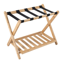 Bamboo Folding Luggage Rack with Straps and Storage Shelves for Guest Room-Natural
