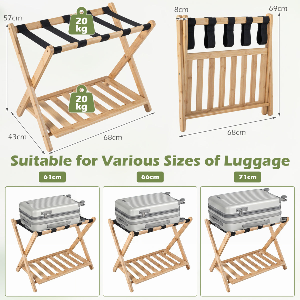 Bamboo Folding Luggage Rack with Straps and Storage Shelves for Guest Room-Natural