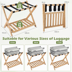Bamboo Folding Luggage Rack with Straps and Storage Shelves for Guest Room-Natural