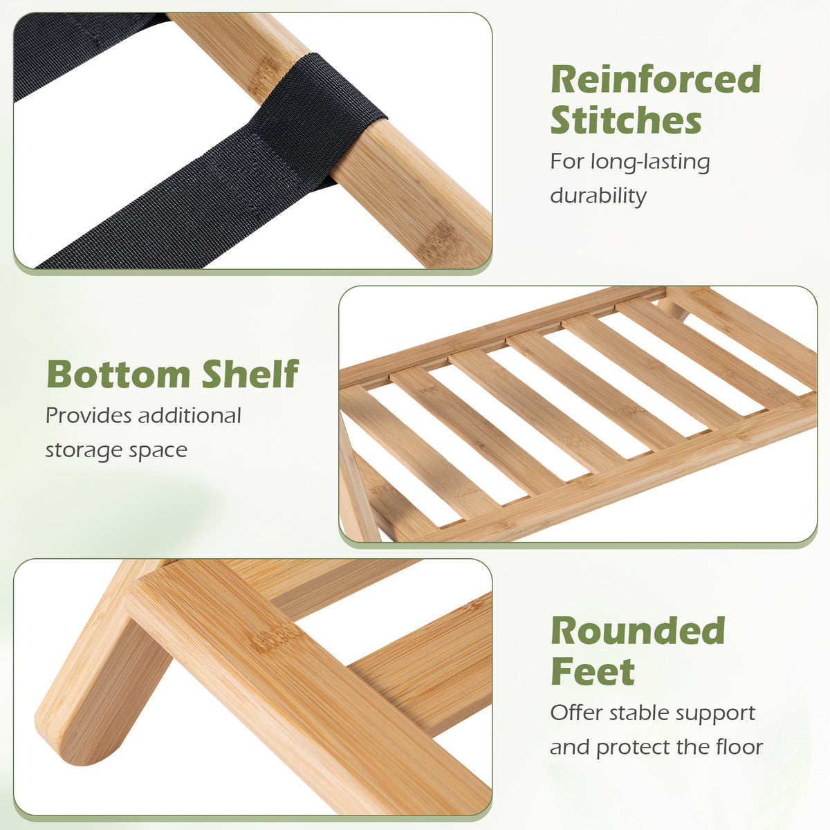 Bamboo Folding Luggage Rack with Straps and Storage Shelves for Guest Room-Natural