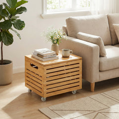 Bamboo Rolling Storage Box with 4 Wheels and Lid for Home-Natural