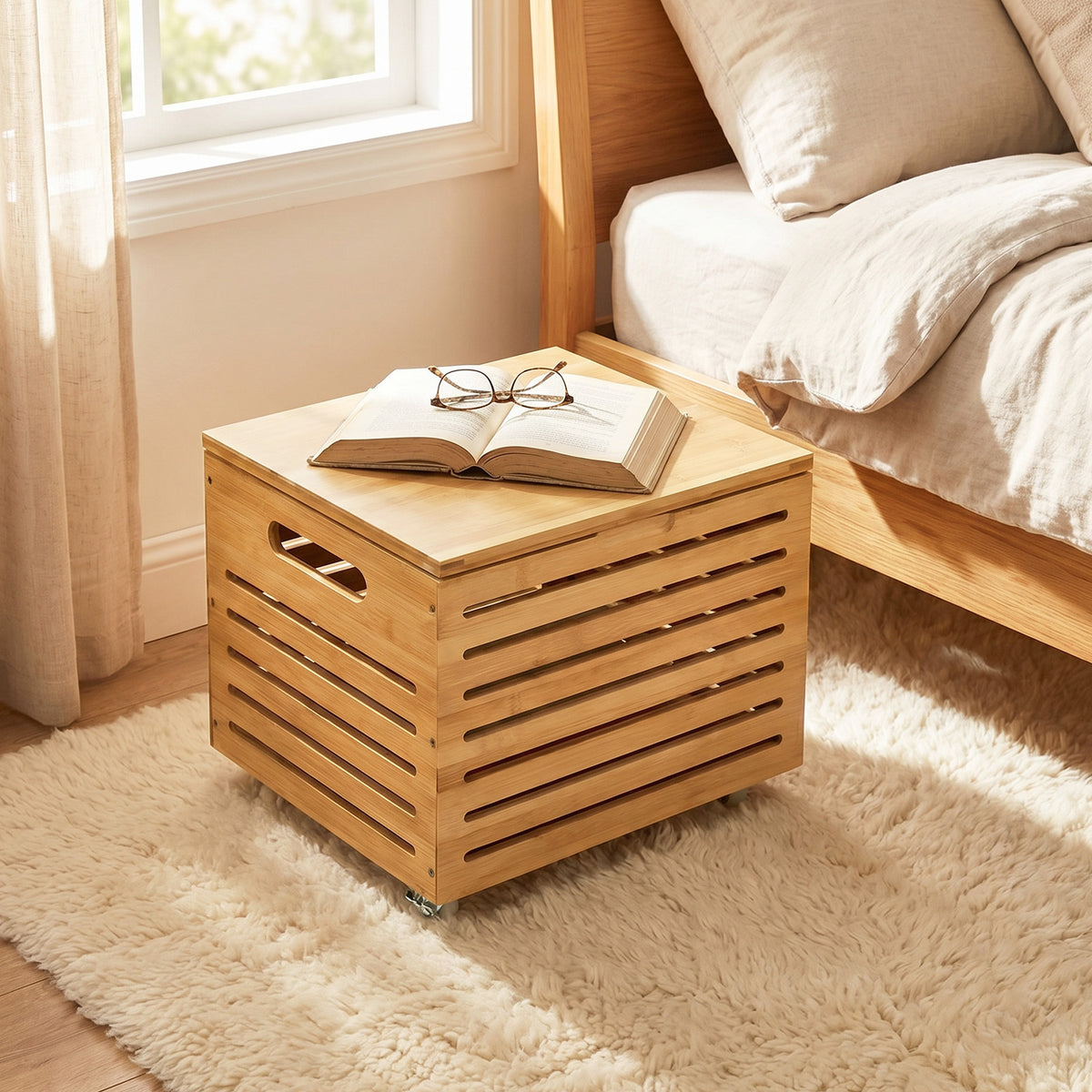 Bamboo Rolling Storage Box with 4 Wheels and Lid for Home-Natural