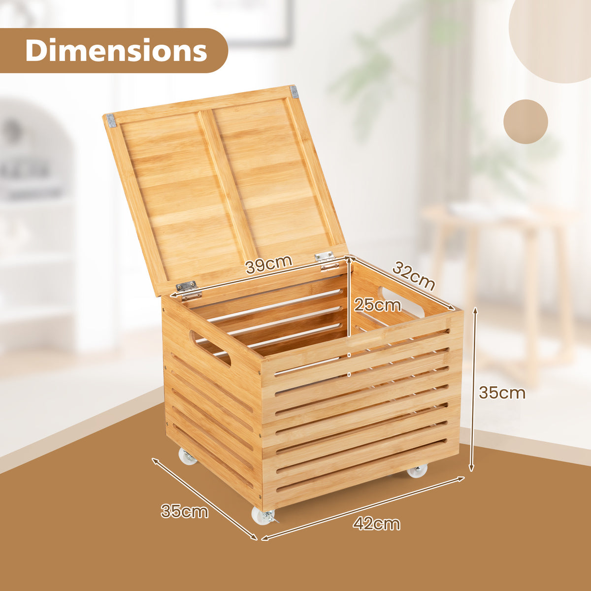 Bamboo Rolling Storage Box with 4 Wheels and Lid for Home-Natural