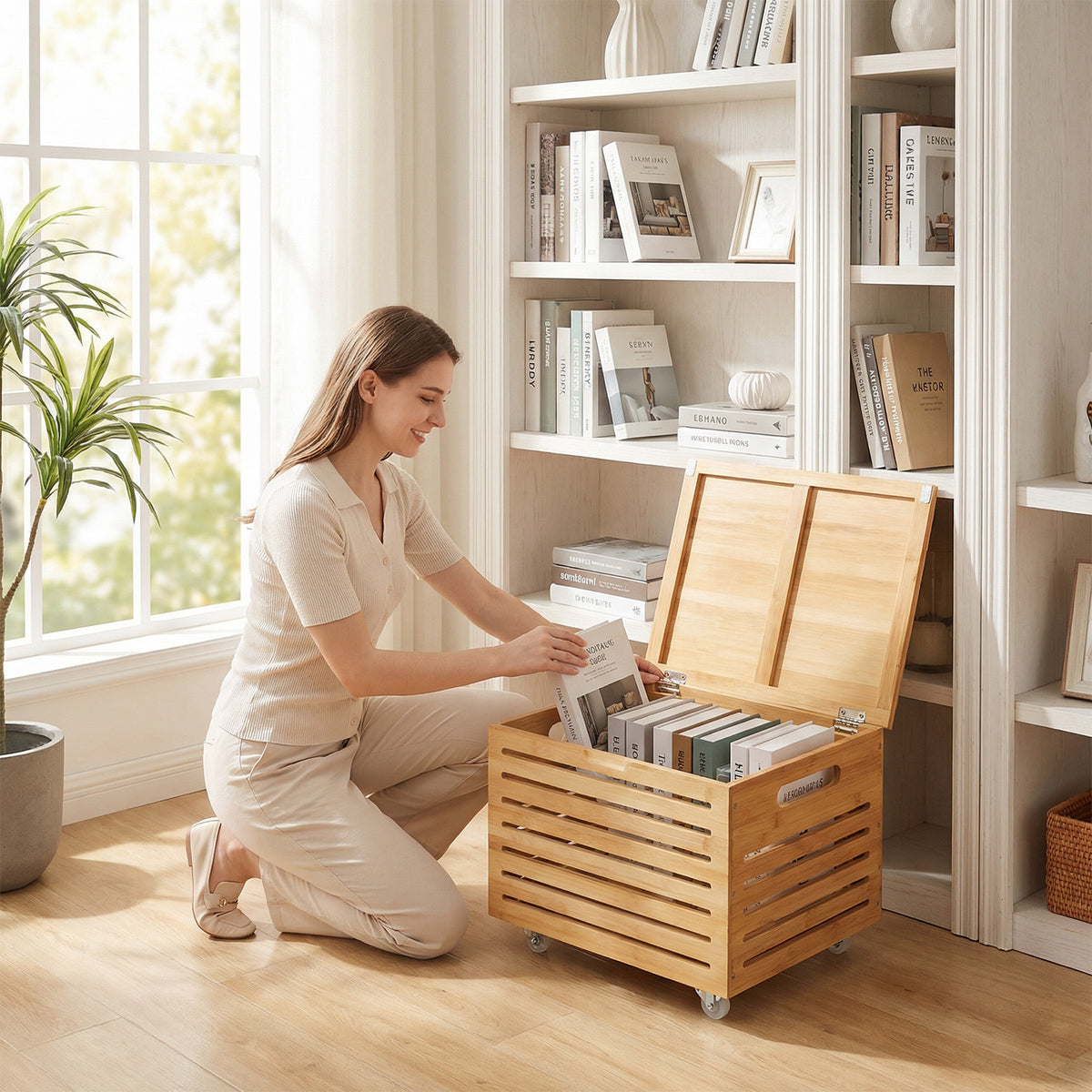 Bamboo Rolling Storage Box with 4 Wheels and Lid for Home-Natural