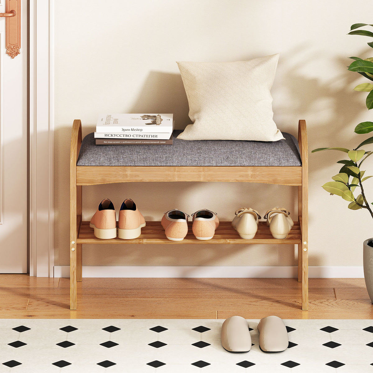 Bamboo Shoe Bench with Padded Cushion for Entrance Hallway-Grey