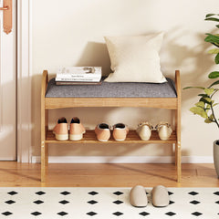 Bamboo Shoe Bench with Padded Cushion for Entrance Hallway-Grey