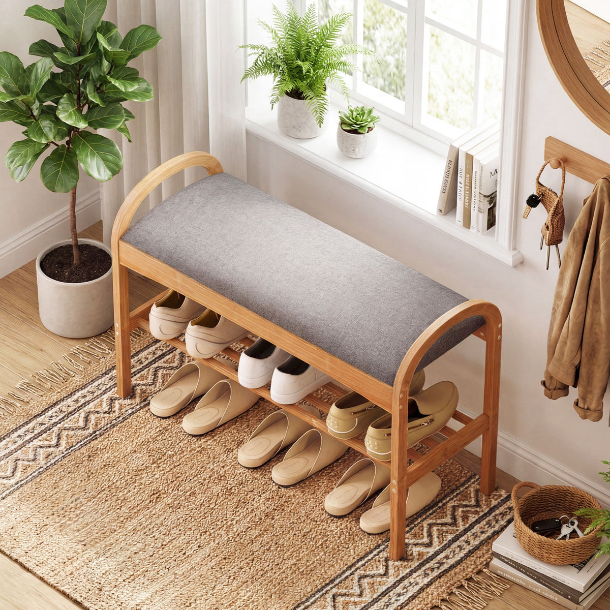 Bamboo Shoe Bench with Padded Cushion for Entrance Hallway-Grey