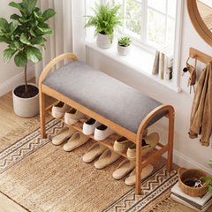Bamboo Shoe Bench with Padded Cushion for Entrance Hallway-Grey