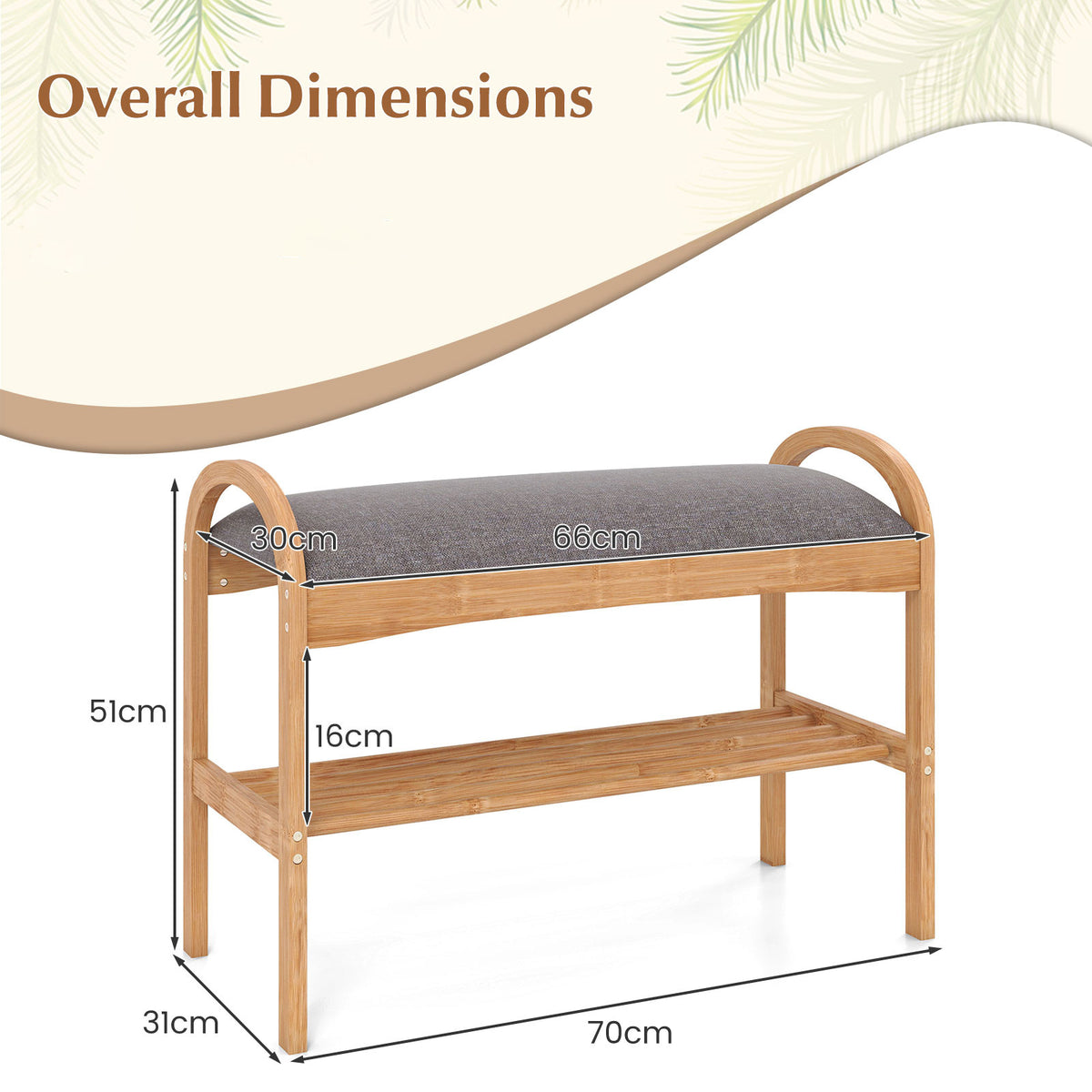 Bamboo Shoe Bench with Padded Cushion for Entrance Hallway-Grey