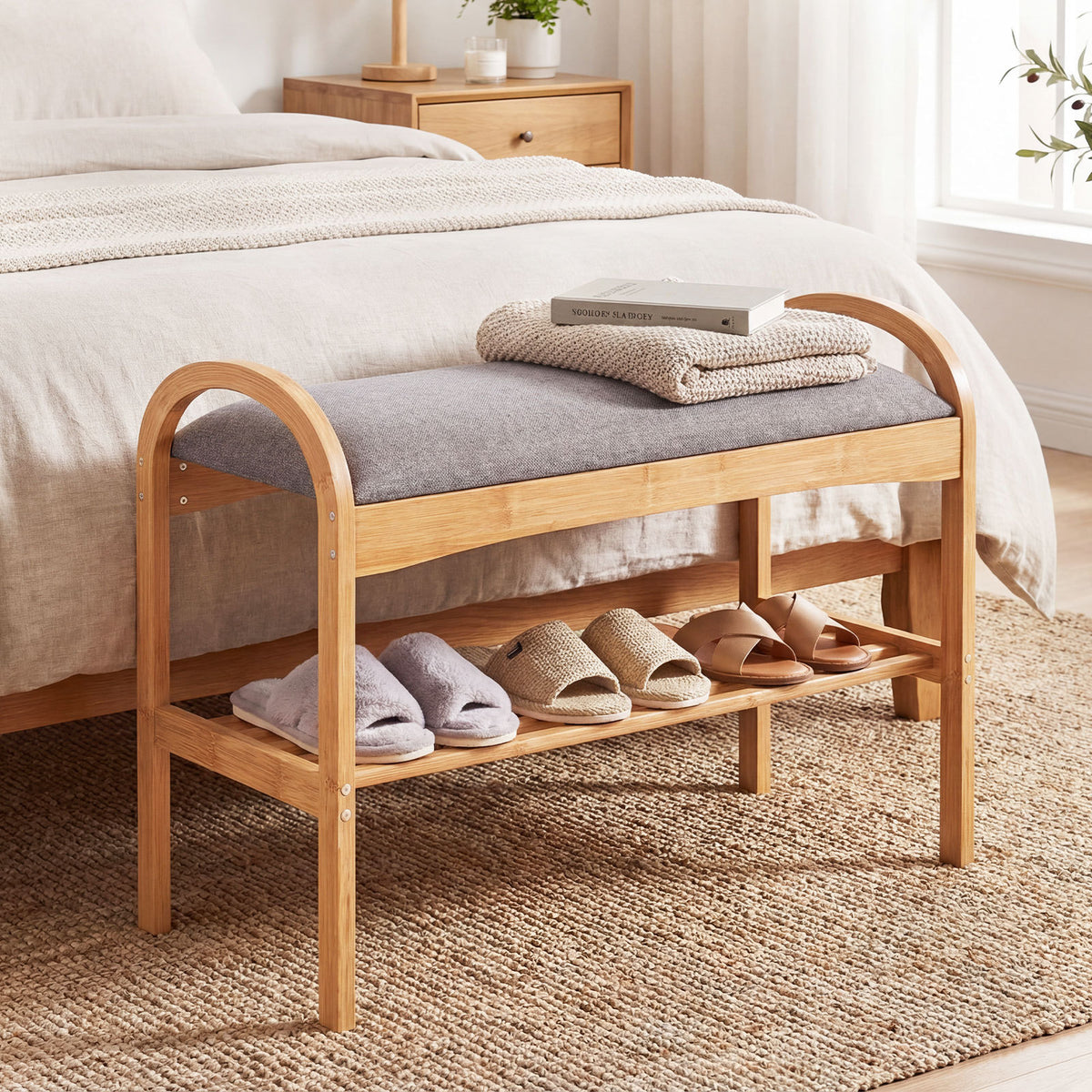 Bamboo Shoe Bench with Padded Cushion for Entrance Hallway-Grey