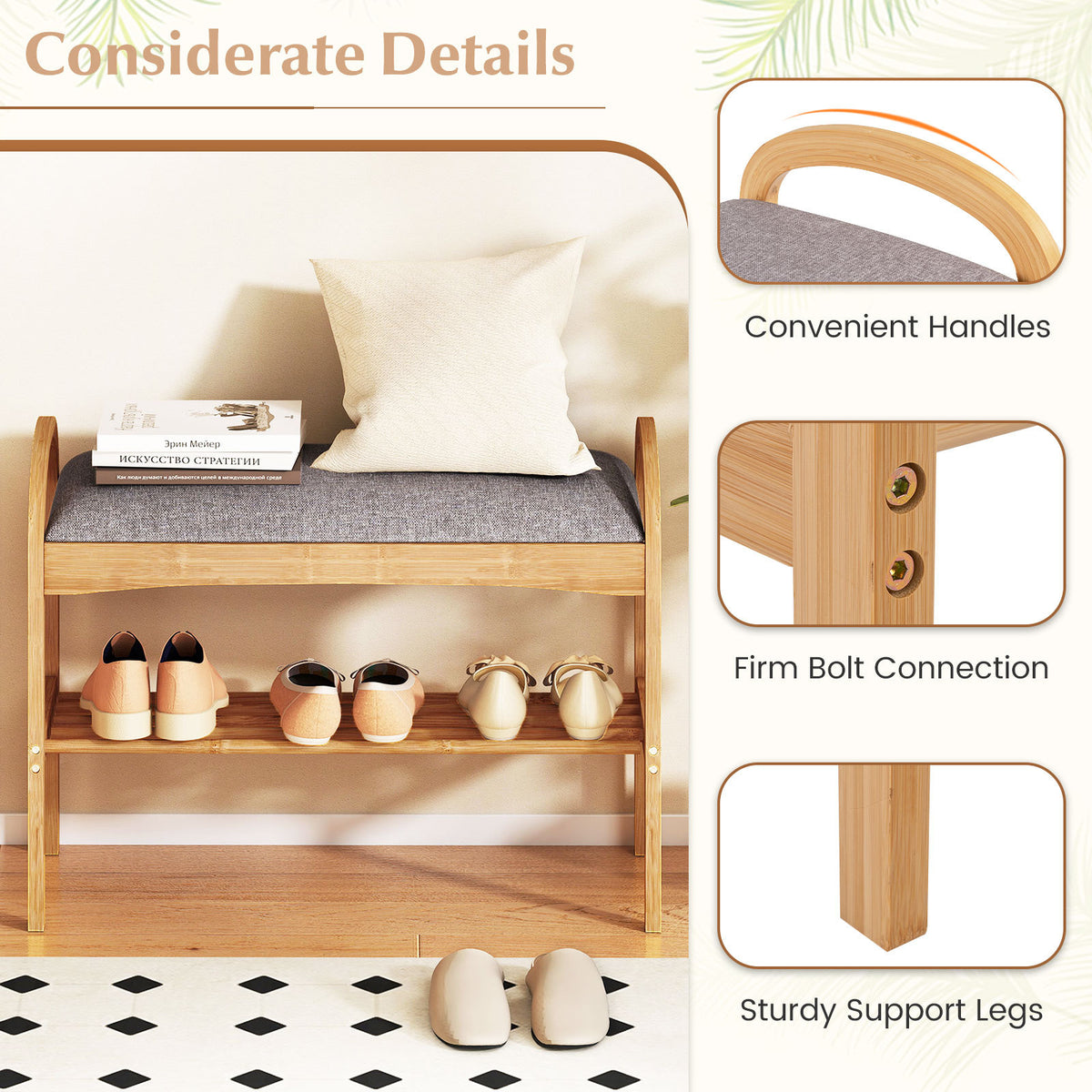 Bamboo Shoe Bench with Padded Cushion for Entrance Hallway-Grey