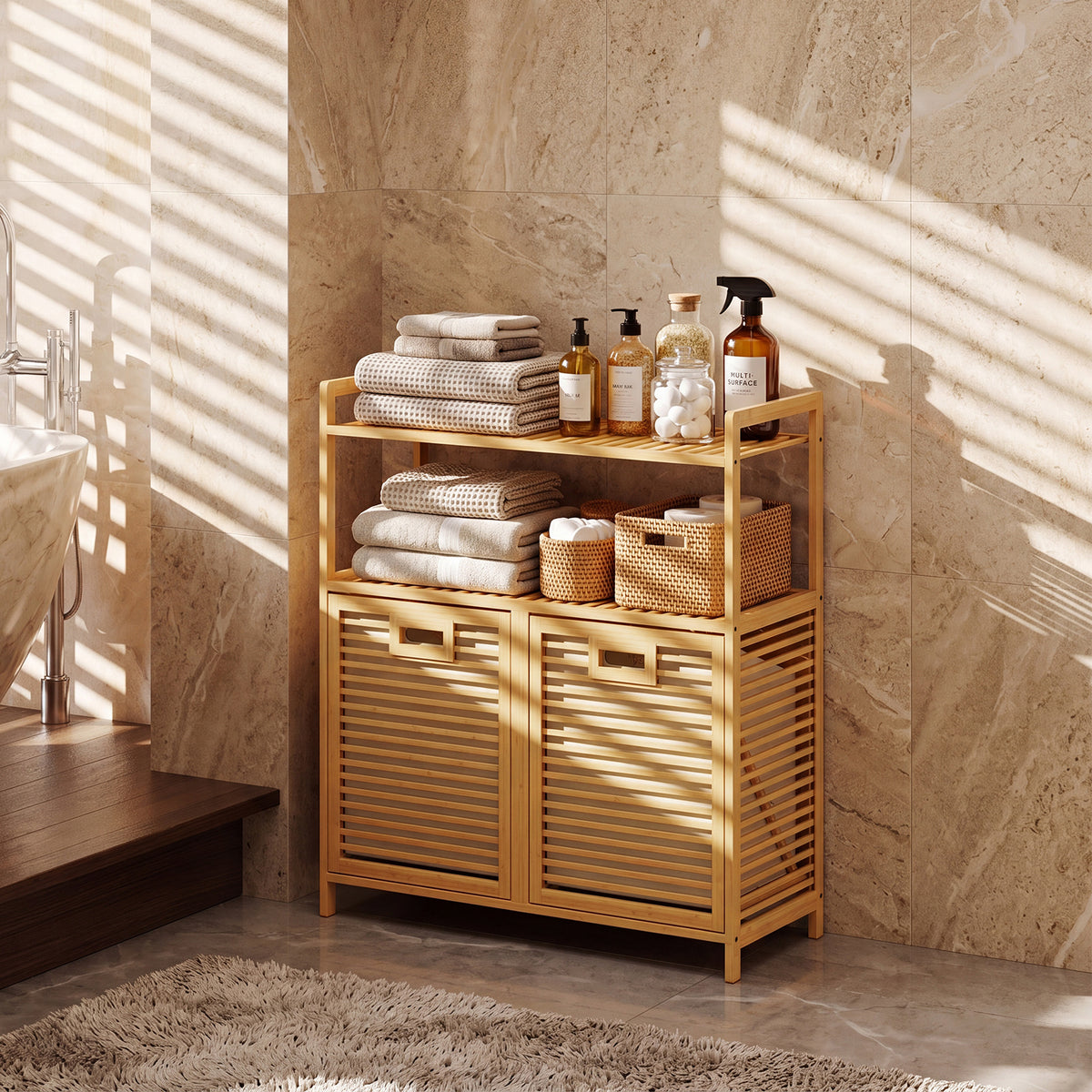 Bamboo laundry basket with Handles and Removable Liner Bags-Natural