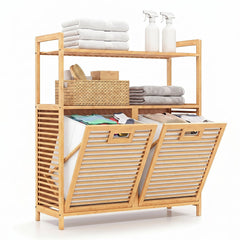 Bamboo laundry basket with Handles and Removable Liner Bags-Natural