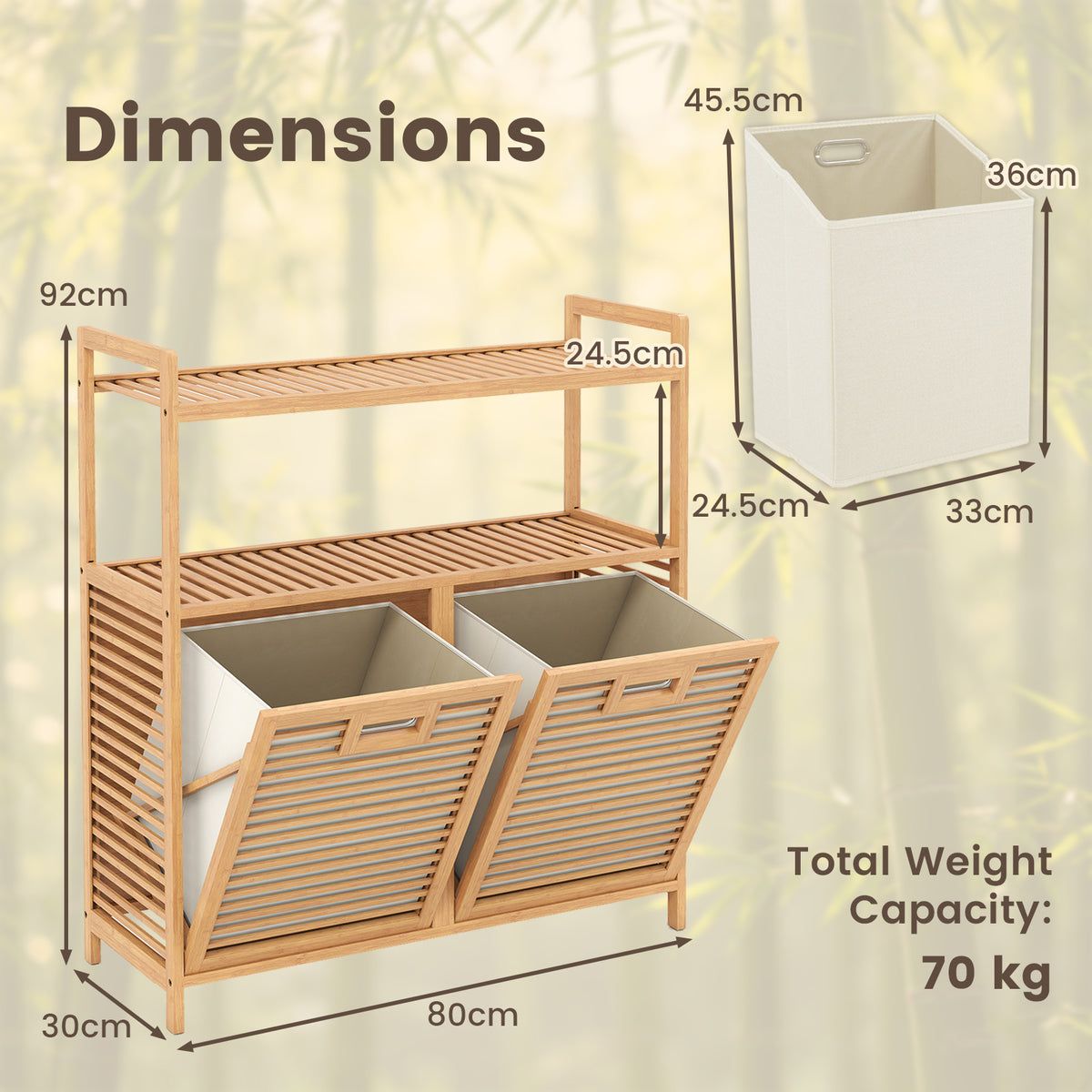 Bamboo laundry basket with Handles and Removable Liner Bags-Natural