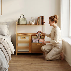 Bamboo laundry basket with Handles and Removable Liner Bags-Natural