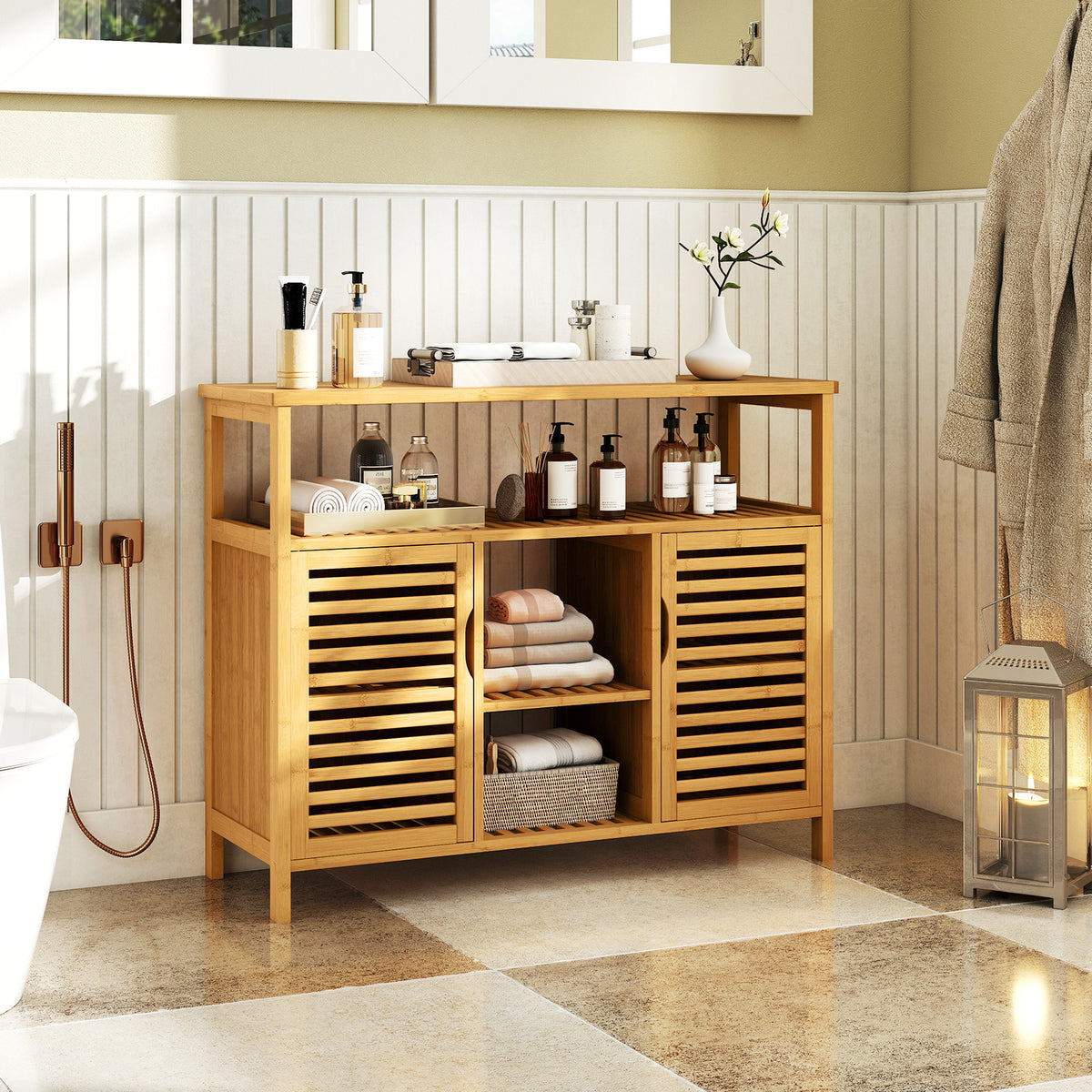 Bamboo Bathroom Cabinet 2-Door Storage Organizer with Shelves-Natural