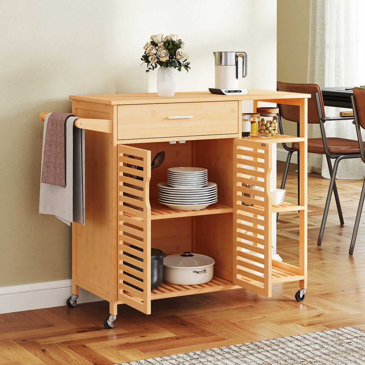 Bamboo Kitchen Island Cart Rolling Storage Sideboard with Towel Bar-Natural