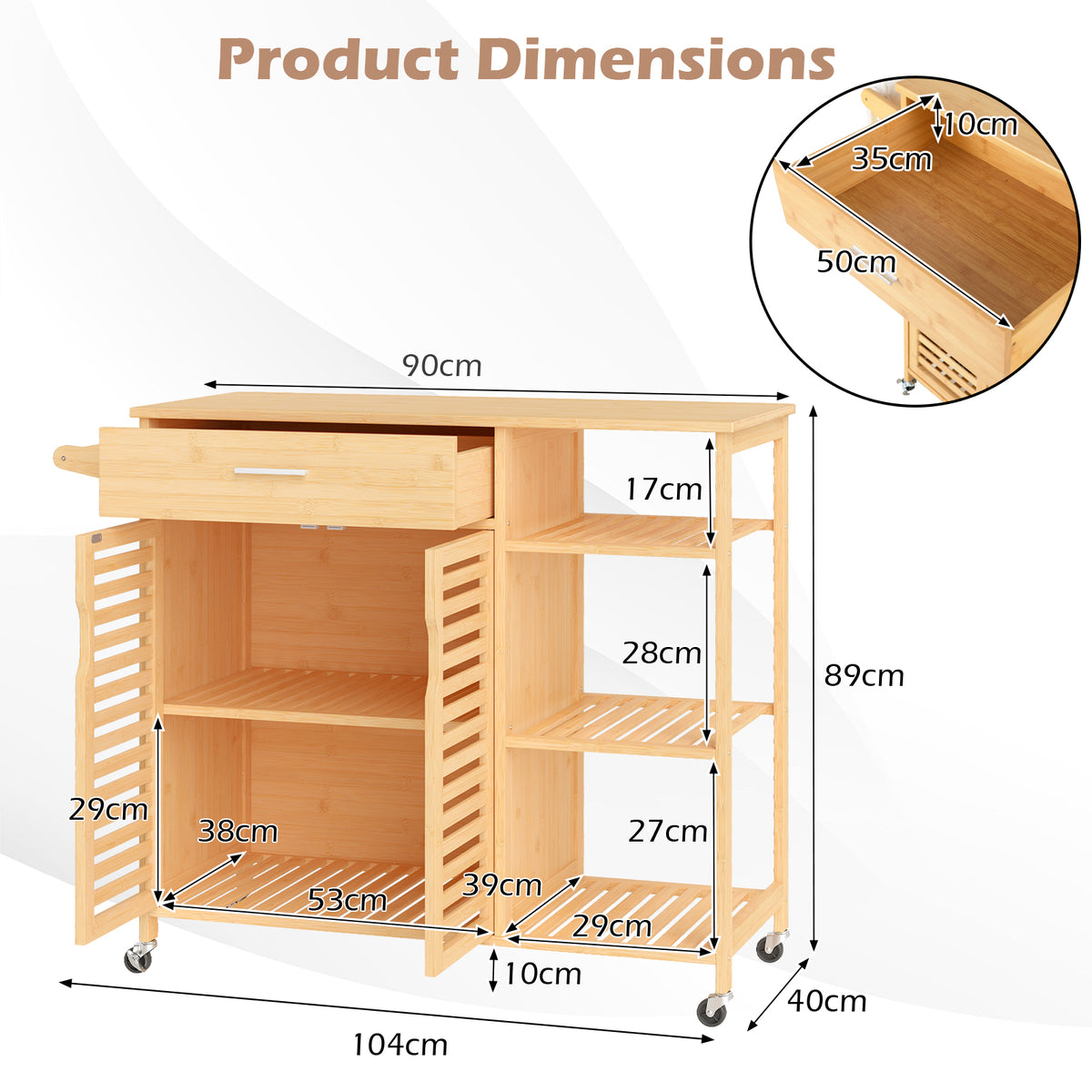 Bamboo Kitchen Island Cart Rolling Storage Sideboard with Towel Bar-Natural
