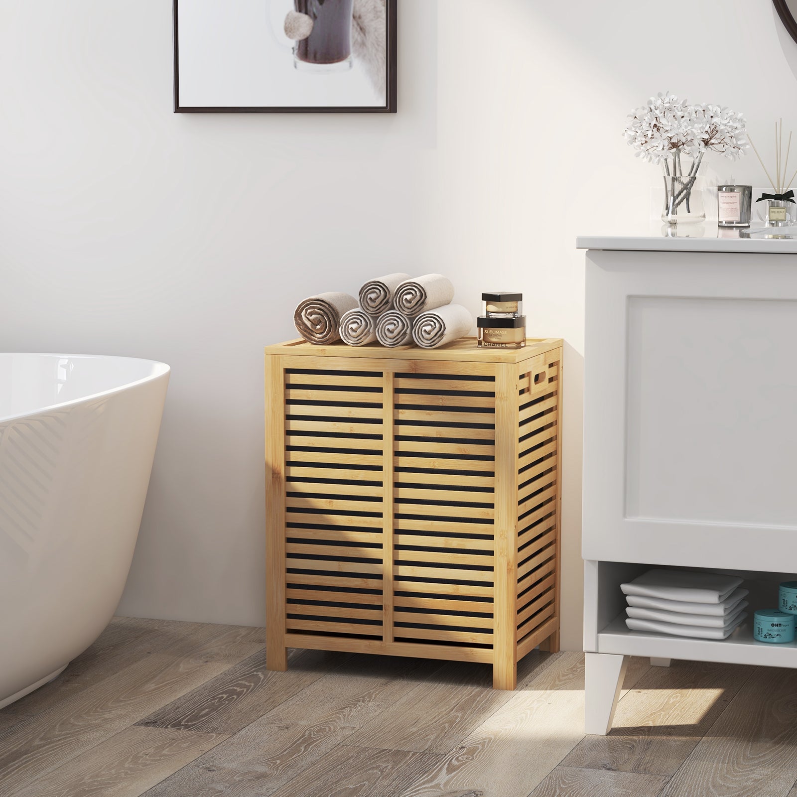 80 L Bamboo Laundry Hamper with Lid and Handles-Natural