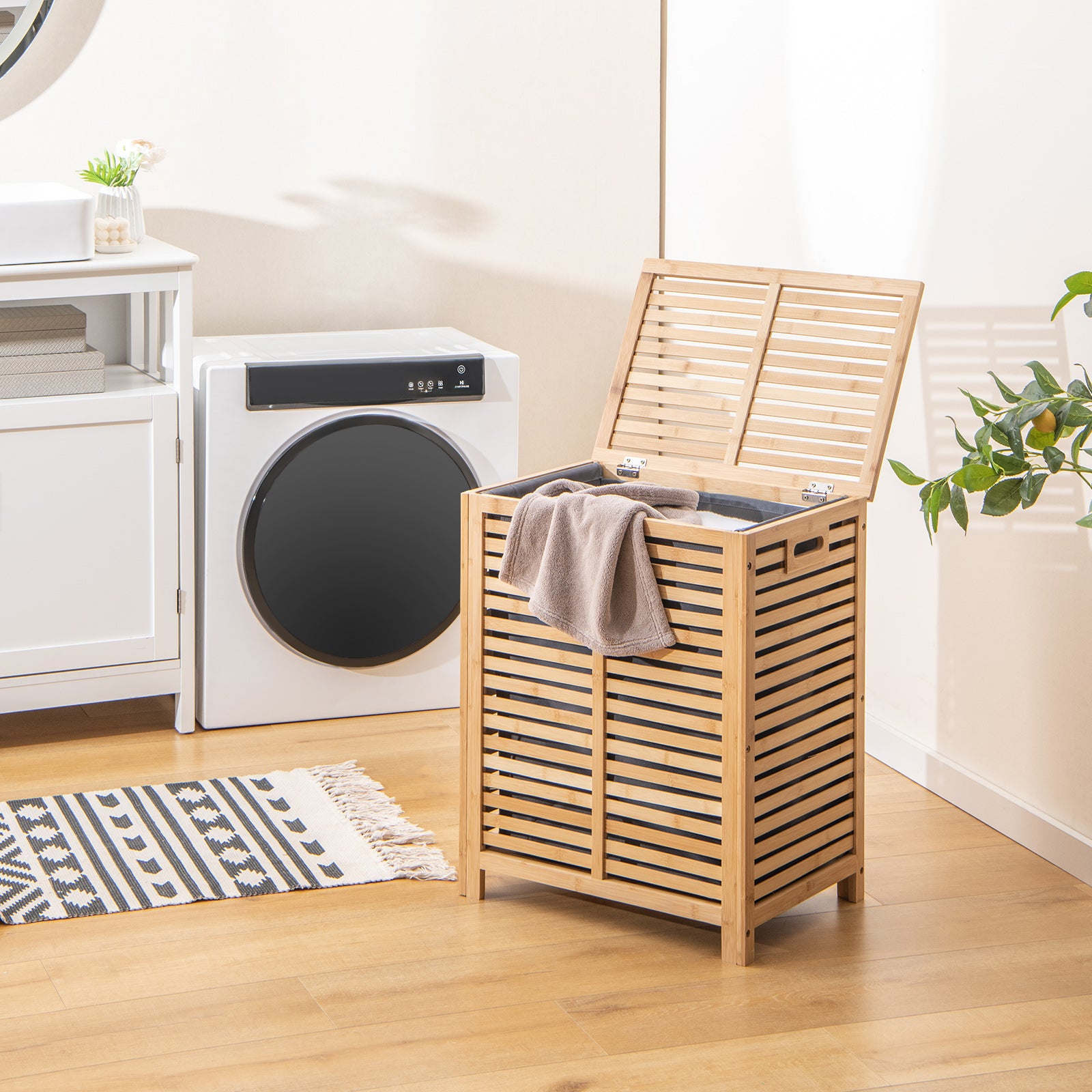 80 L Bamboo Laundry Hamper with Lid and Handles-Natural