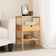 Multipurpose Bamboo Nightstand with Storage Drawer and Slatted Shelf-Natural