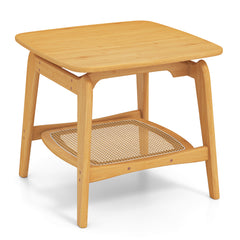 Bamboo Sofa Side Table with Faux Rattan Storage Shelf-Natural