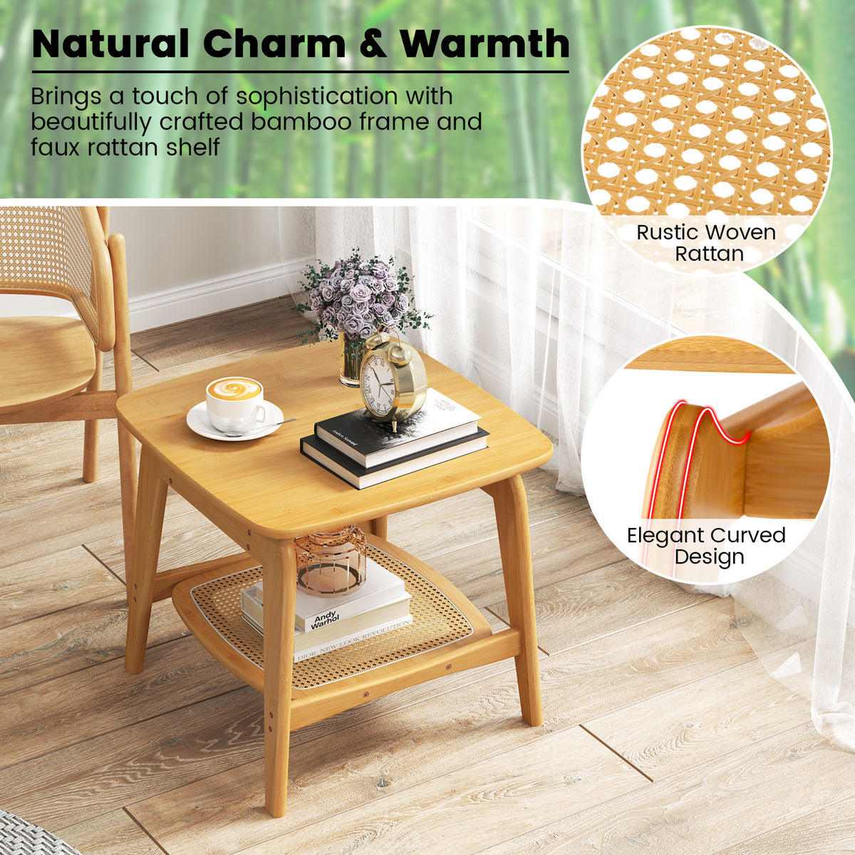 Bamboo Sofa Side Table with Faux Rattan Storage Shelf-Natural
