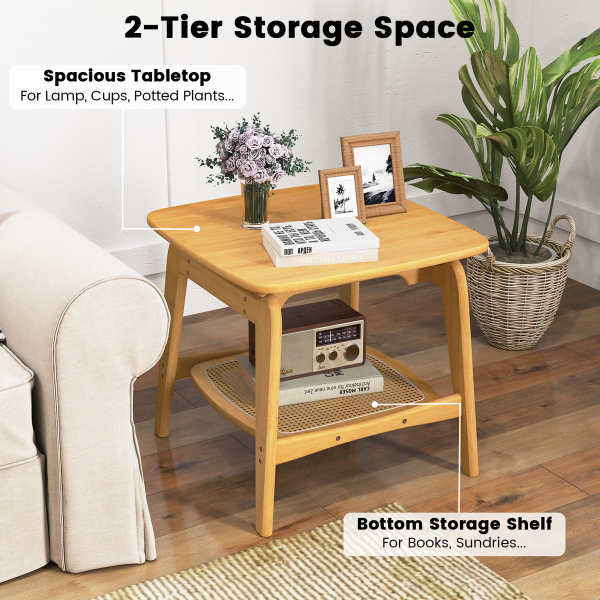Bamboo Sofa Side Table with Faux Rattan Storage Shelf-Natural