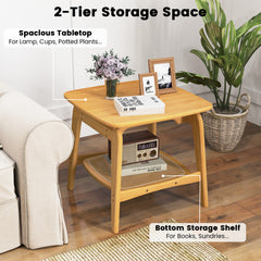 Bamboo Sofa Side Table with Faux Rattan Storage Shelf-Natural
