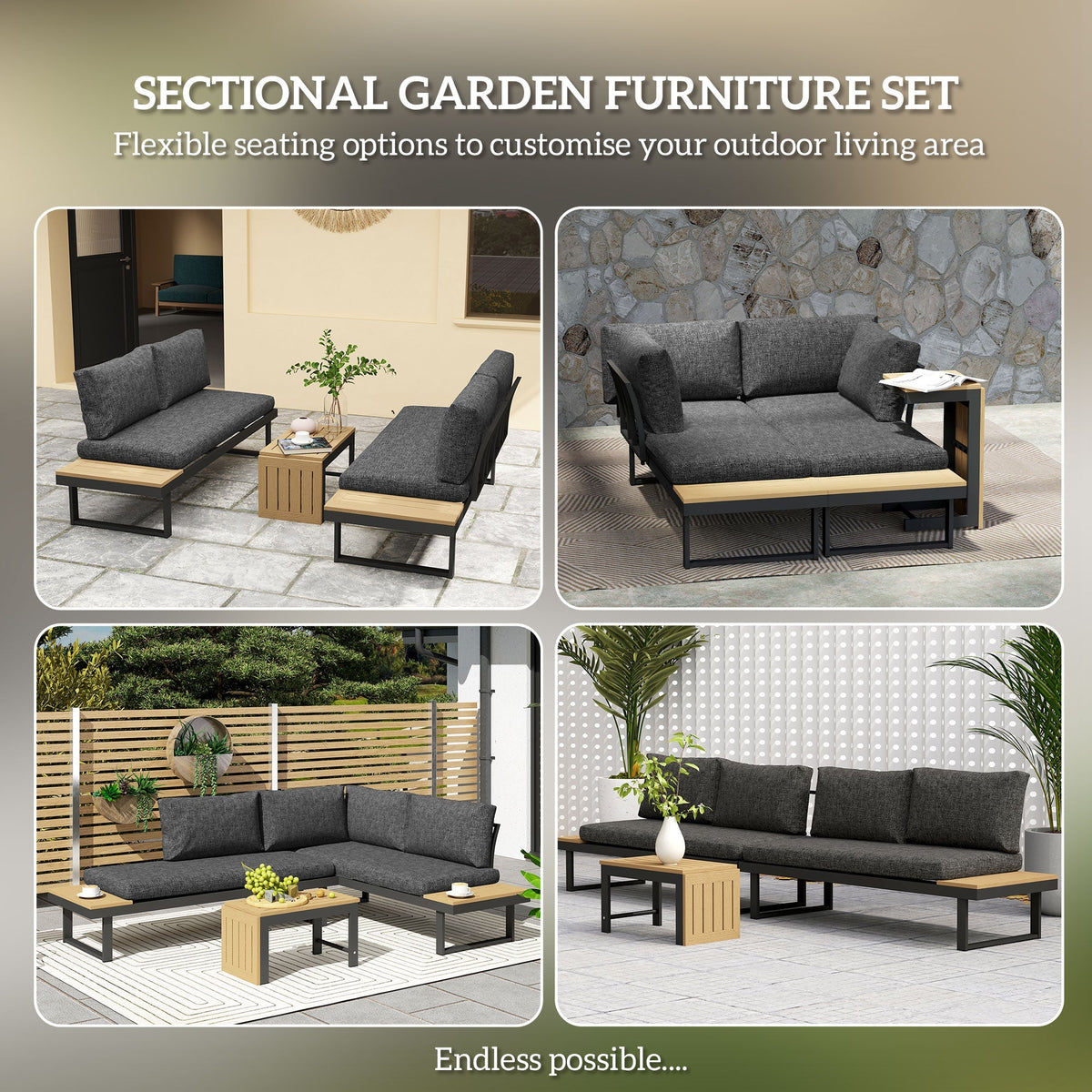 Outsunny 4 Seater L Shaped Aluminium Sectional Garden Furniture Set with 2 Loveseats and Wood-Plastic Coffee Table - Natural Wood