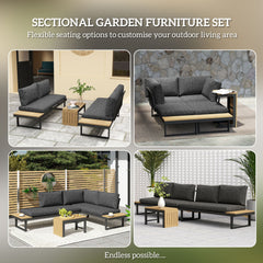 Outsunny 4 Seater L Shaped Aluminium Sectional Garden Furniture Set with 2 Loveseats and Wood-Plastic Coffee Table - Natural Wood