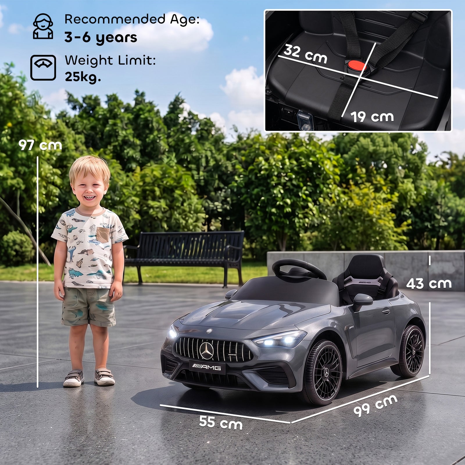 AIYAPLAY Licensed Mercedes AMG Kids Electric Car, 12V Ride On Car with Dual Motors, Remote Control for 3-6 Years, Grey