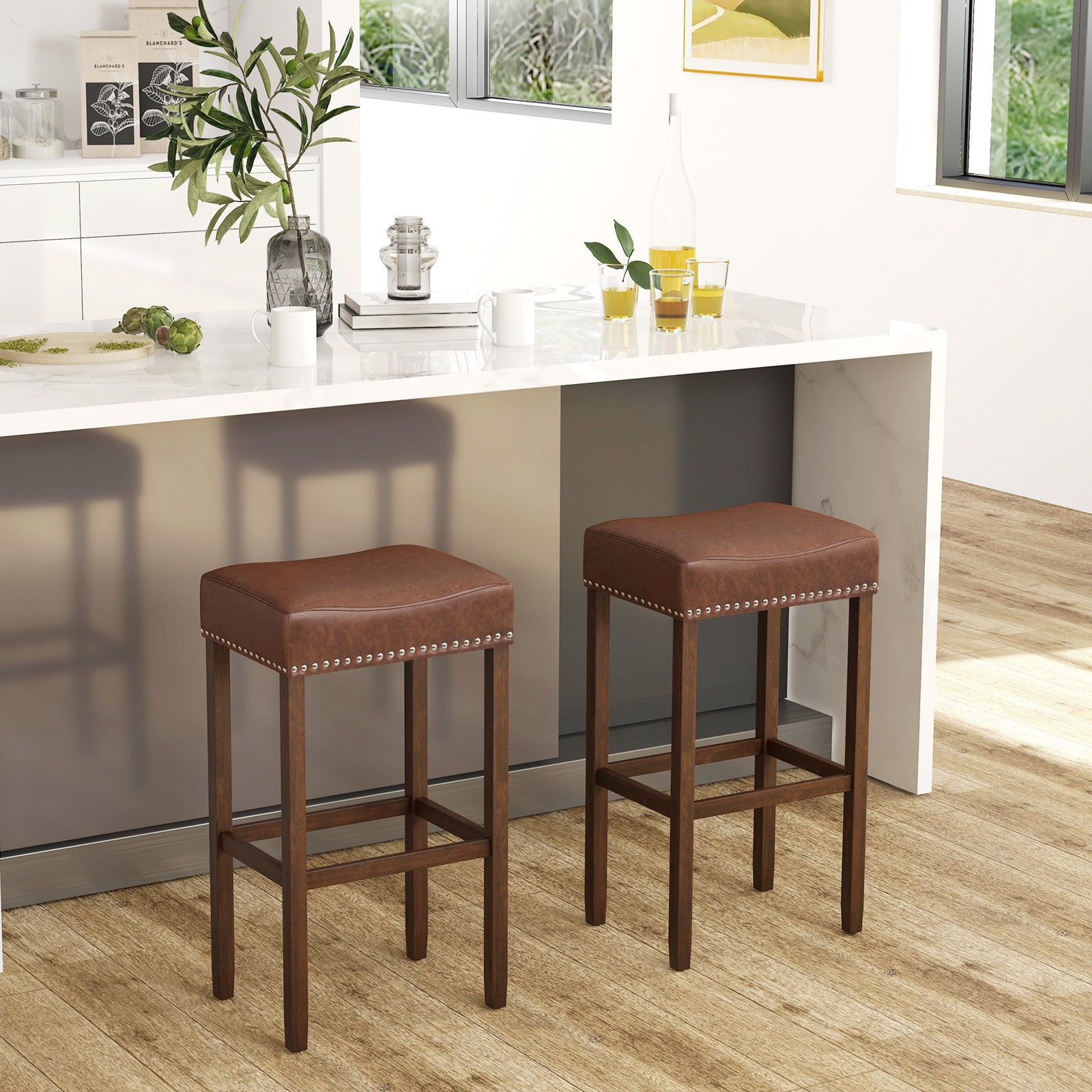 Bar Stool Set of 2 with PU Leather Upholstery Backless-Brown-74 cm